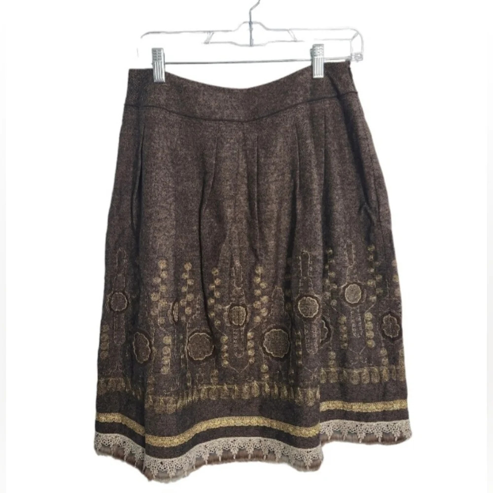 Peter Nygard Wool embroidered textured lace metallic viking skirt fur trim sz 6 - Picture 5 of 14
